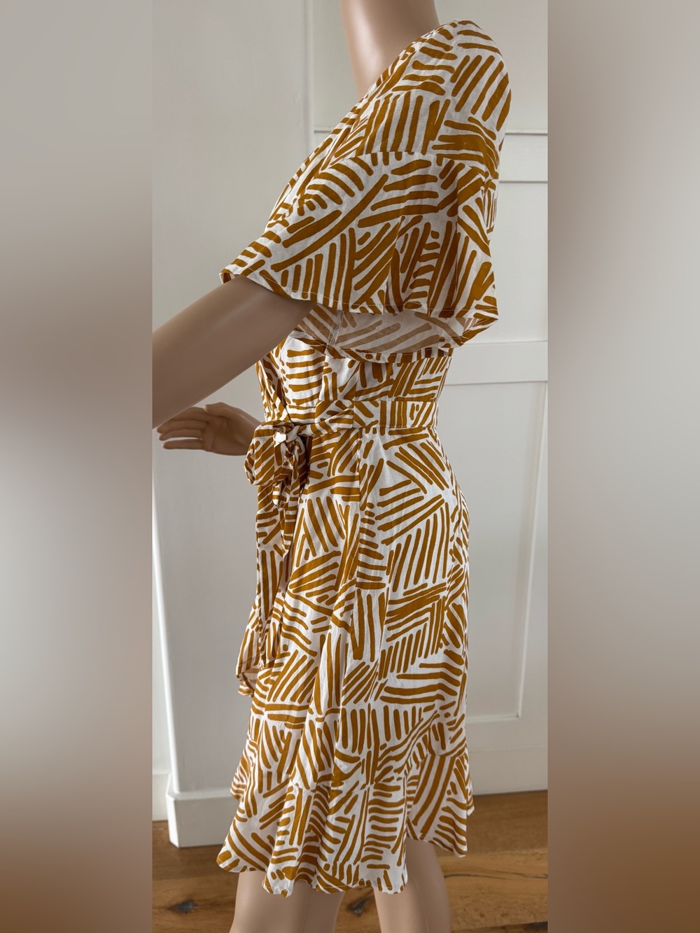 Mahina Mustard and White Abstract Wrap Mini Dress - Picture 2 of 4